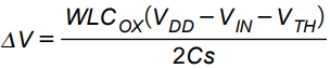 \Delta V=\frac{WLC_{OX}(V_{DD}-V_{IN}-V_{TH})}{2Cs}