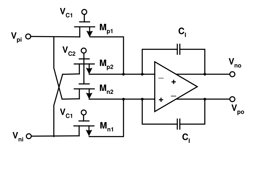 四管 MOSFET-C 积分器。交叉连接使两路差分电流相减，理想净电导取决于 \(V_{C1}-V_{C2}\)。